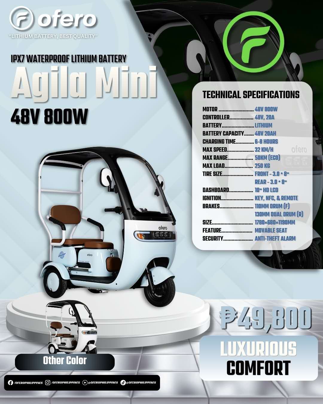 Ofero Agila Mini light blue e-trike Philippines poster showing compact family electric tricycle 48V 800W motor and movable seat
