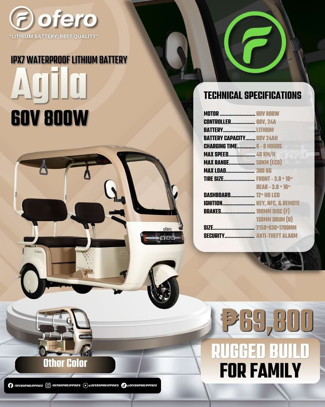 Ofero Agila beige e-trike Philippines price poster showing family electric tricycle 60V 800W motor and 300 kg max load