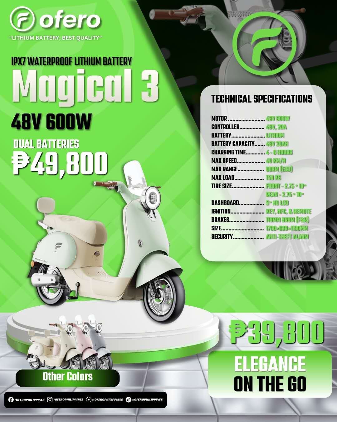Ofero Magical 3 green electric scooter Philippines poster showing 48V 600W motor lithium battery and elegant city design