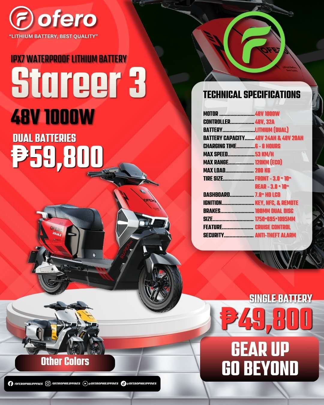 Ofero Stareer 3 red electric scooter Philippines price poster showing dual batteries 48V 1000W motor and 120 km Eco range