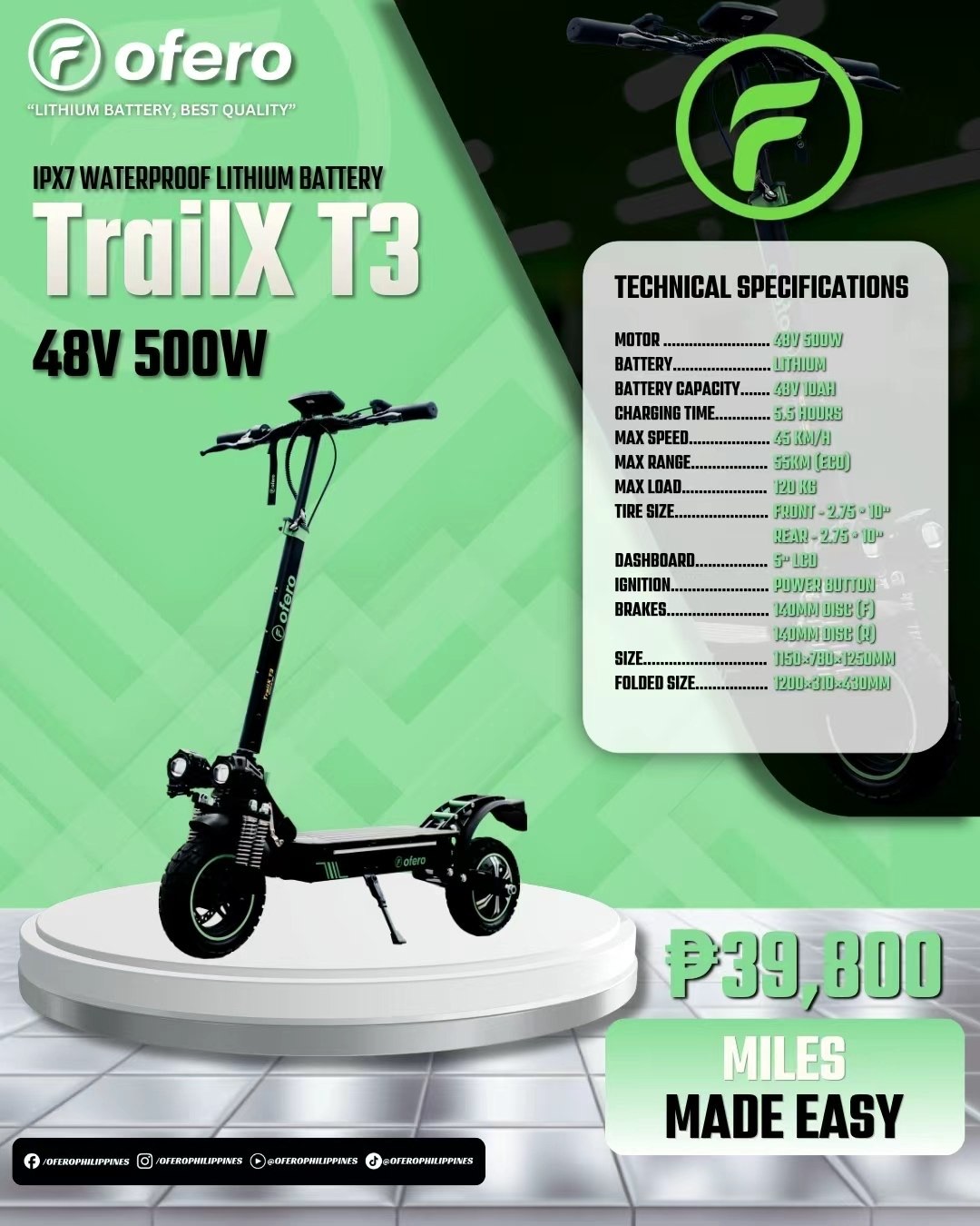 Ofero TrailX T3 rugged electric scooter Philippines price poster showing 48V 500W motor and miles made easy