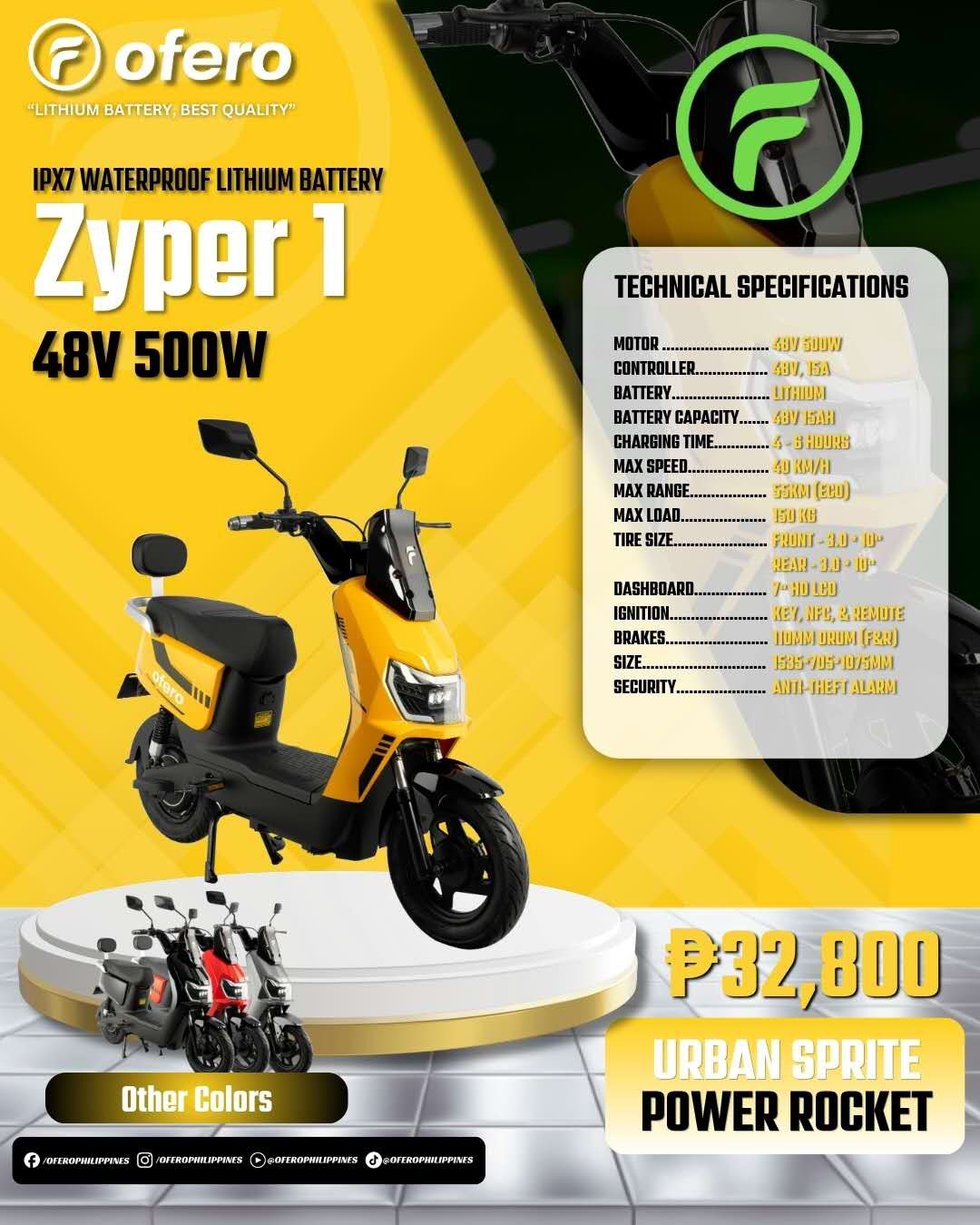 Ofero Zyper 1 yellow compact e-bike Philippines poster showing city ride 48V 500W motor and 75 km Eco range